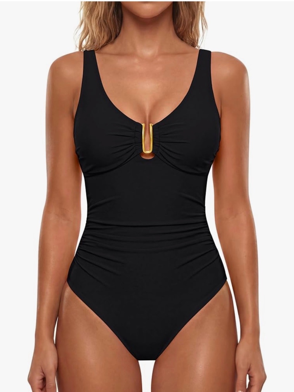 Sleek Black One-Piece Swimsuit with Gold U Accent